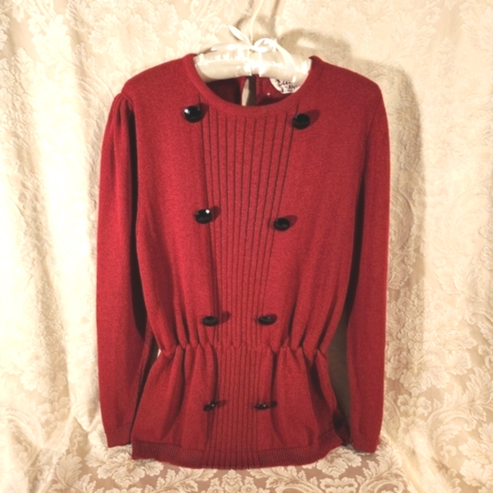 Vintage 1980s Burgundy Pullover Sweater Peplum Flare 1940s Style